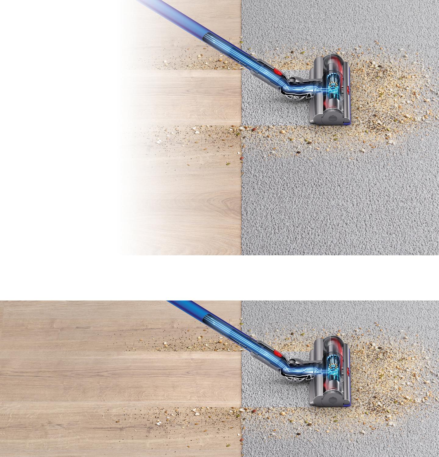 Dyson V11 vacuum picking up dirt from a carpet